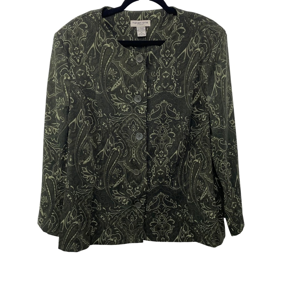 Notations Woman Olive Green Paisley Jacquard Button Front Blazer Jacket 2X
